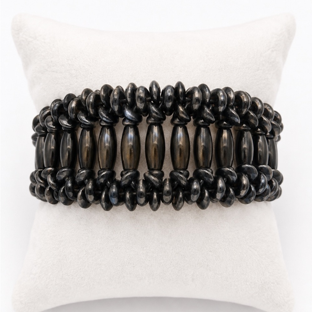 Wide Black Beaded Stretch Cuff Bracelet